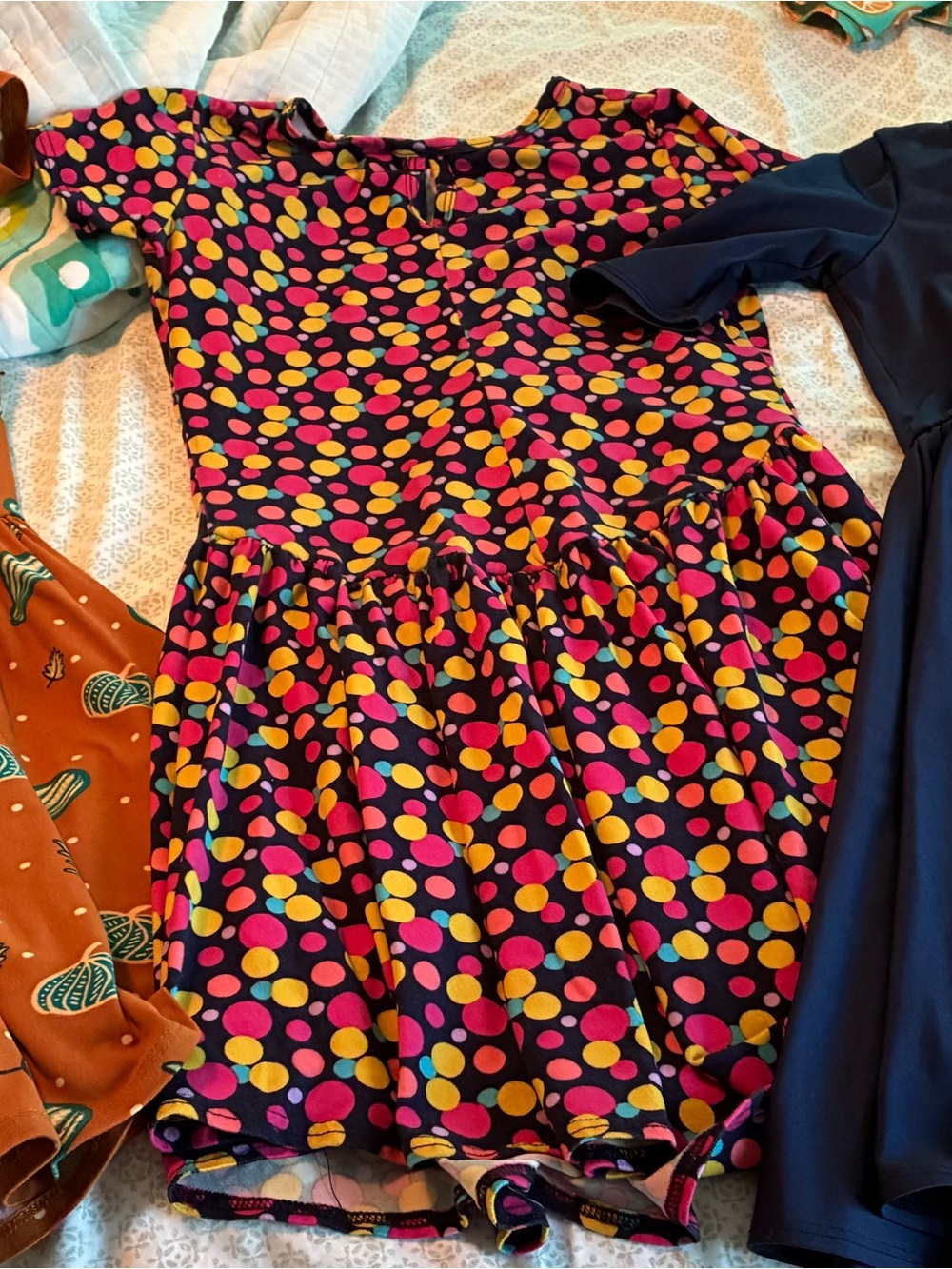 SOLD
3 Dot Dot Smile Navy Dress with autumn design, and colored dot design